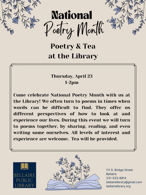 Poetry and Tea.png Poetry and Tea at the Library with image of book with flowers growing out of it